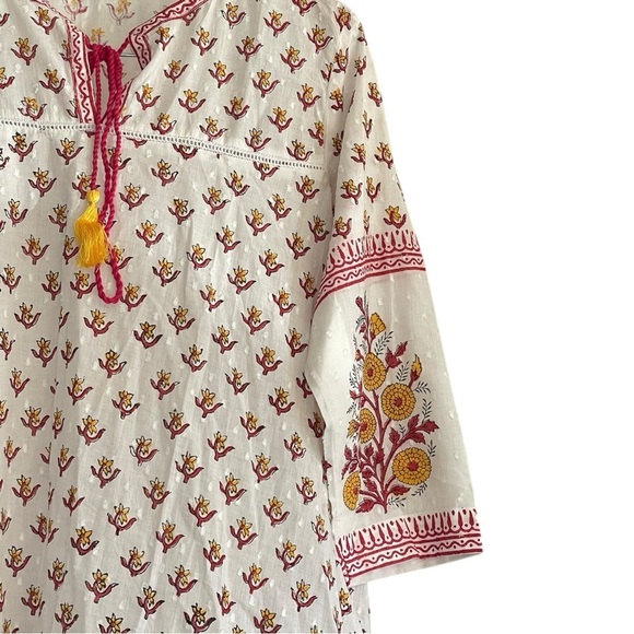 Shaaba Clothing White Red Hand Block Printed Cotton Dobby Dress size S - Picture 7 of 10